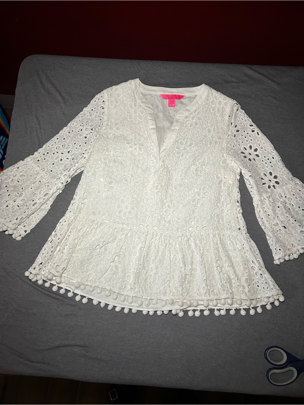 Lilly Pulitzer White Eyelet Peplum Tunic with Pom-Pom Hem